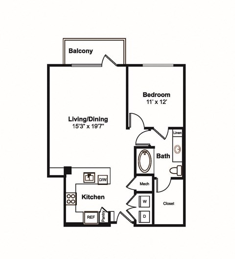Floor plan for 1 bed, 1 bath, 842 sqft